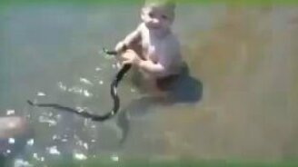 Малыш играет со змеёй - смотреть видео (1:00)