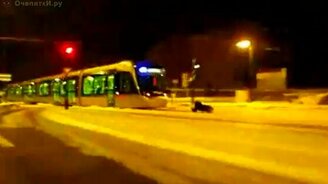 На санках за трамваем - смотреть видео (0:45)