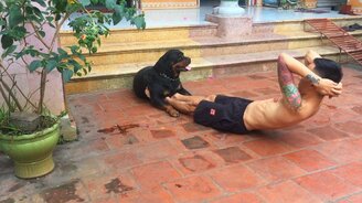 Пёс помогает качать пресс - смотреть видео (1:14)